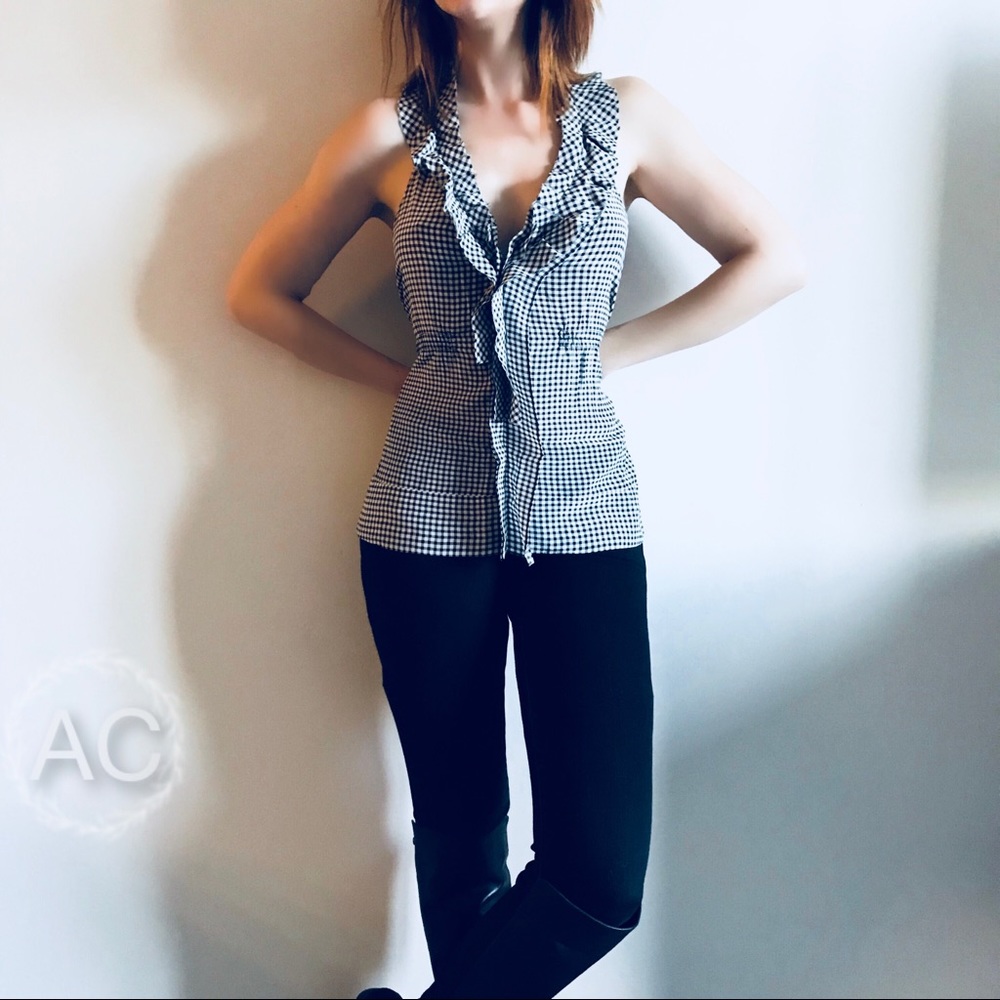 BCBG Plaid Gingham Ruffled Halter Top 100% Silk